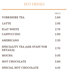 Hot drinks menu